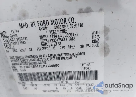 2014 Ford F-150 Xl z USA, uszkodzony, nr VIN 1FTMF1EM1EKG34950
